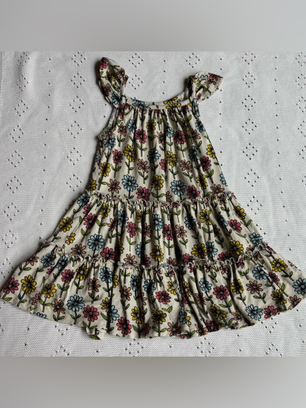 Posh Peanut Floral Tiered Dress in Cream with Pink, Yellow & Blue Flowers